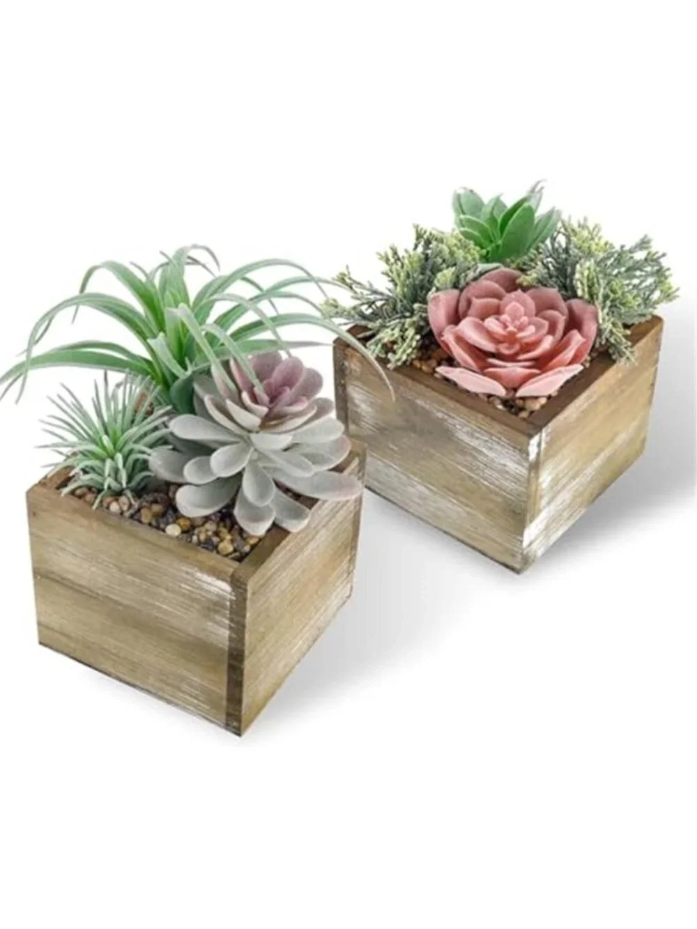 Artificial Cactus Succulent Plants Wood Planter Faux Desk Home Decor Set of 2